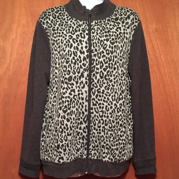 JNY Sport Women’s Jacket sweater gray Leopard Print Full Zip size XL knit pocket - Picture 2 of 8